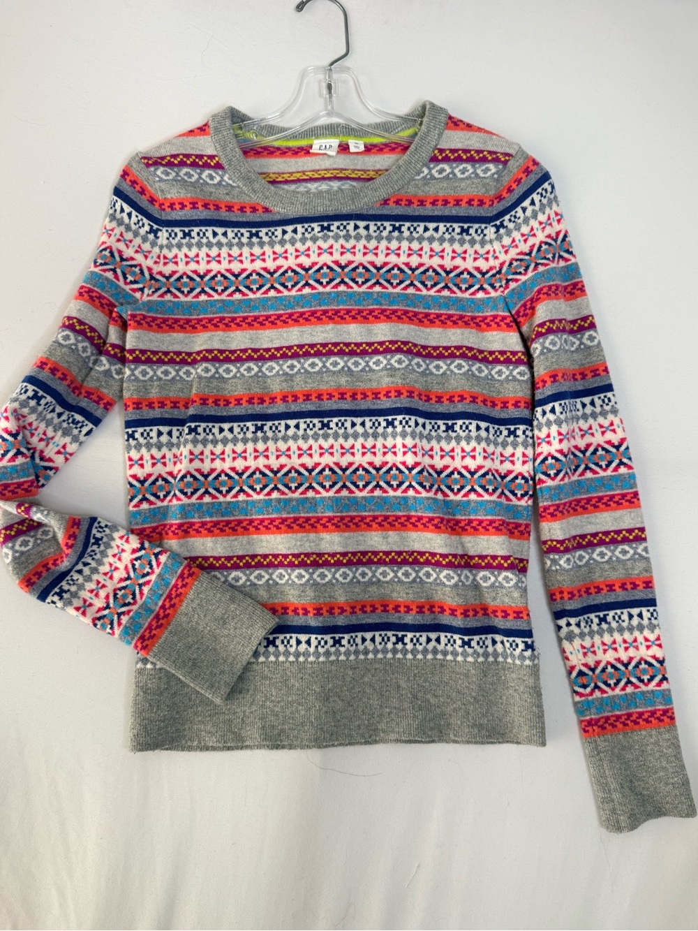 GAP Gray Crewneck Sweater with Multicolor Fair Isle Stripes XS - Picture 8 of 9